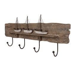 Clayre & Eef Attaccapanni da parete 4 ganci 63x8x27 cm Marrone Legno Ferro Piccole barche