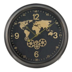 Clayre & Eef Wall Clock Ø 64 cm Black Gold colored MDF Iron Round World