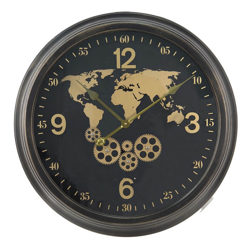 Clayre & Eef Orologio da parete Ø 64 cm Nero Color oro MDF Ferro Rotondo Mondo