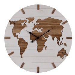 Clayre & Eef Horloge mural Ø 60 cm Blanc Marron MDF Carte du monde