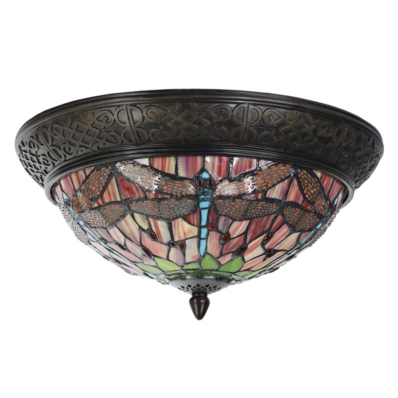 LumiLamp Ceiling Lamp Tiffany Ø 38x19 cm  Red Green Glass Triangle Dragonfly