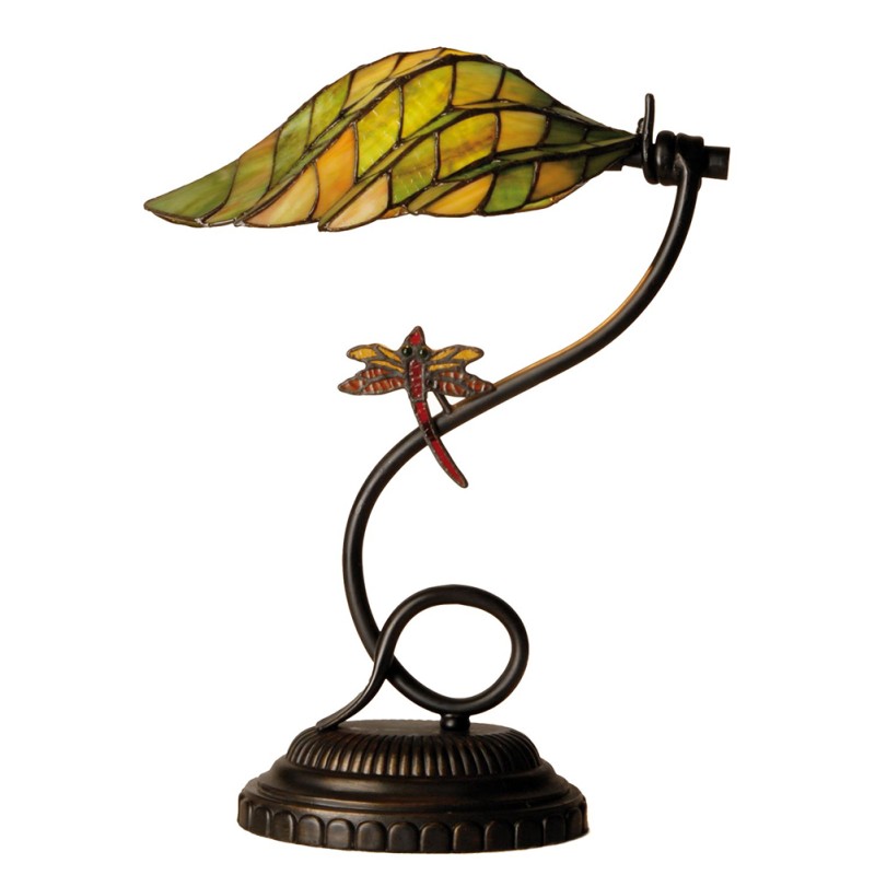 LumiLamp Lampe de table Tiffany Ø 34x45 cm Vert Marron Verre Libellule