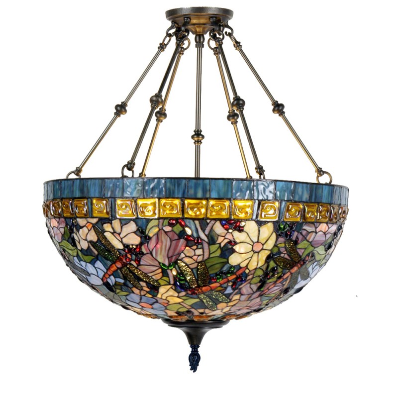 LumiLamp Pendant Lamp Tiffany Ø 70x75 cm Blue Beige Metal Glass Semicircle Dragonfly