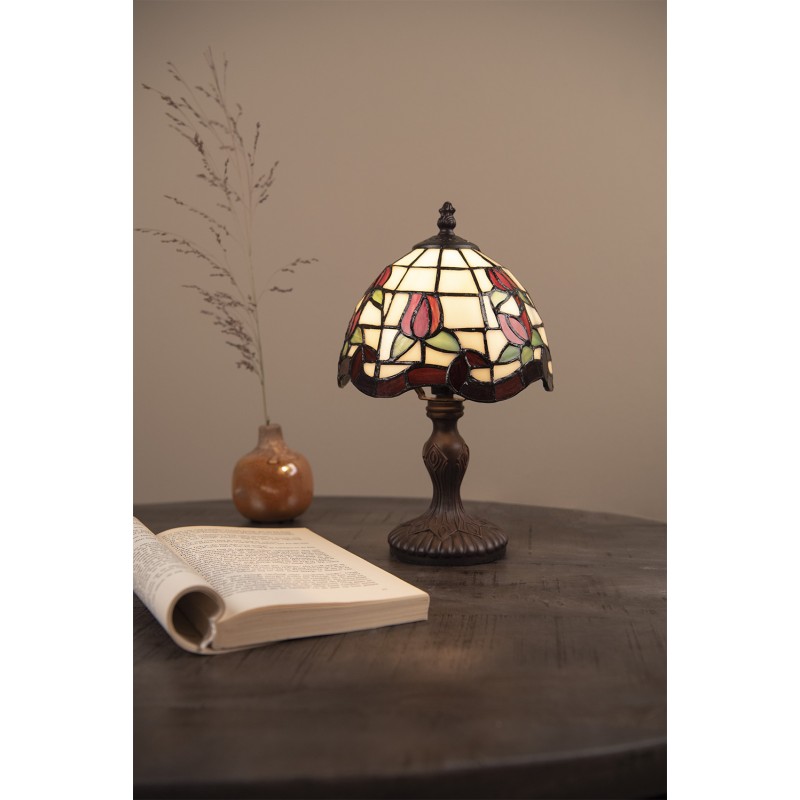 LumiLamp Table Lamp Tiffany Ø 18x30 cm Beige Red Glass Plastic Flowers