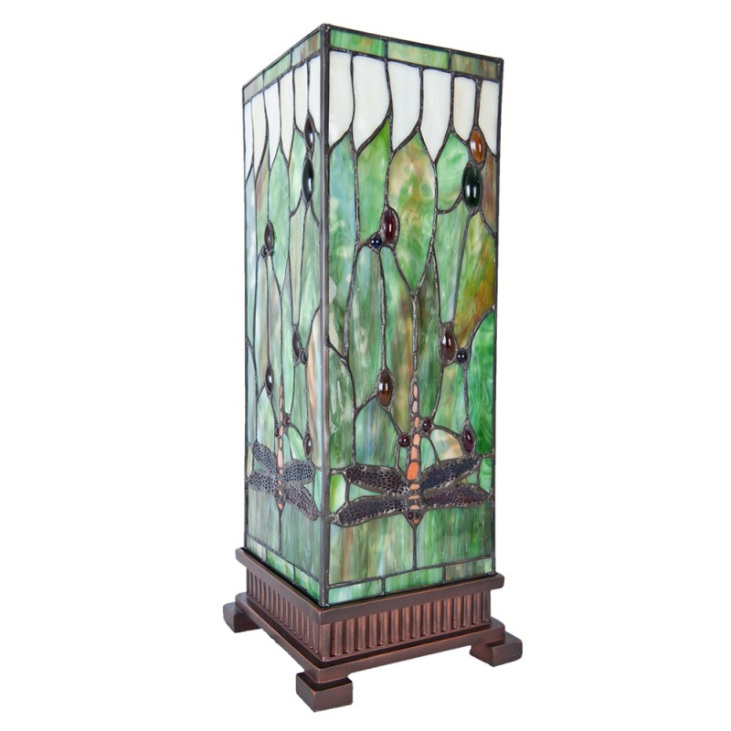 LumiLamp Table Lamp Tiffany 18x18x45 cm Green Brown Glass Square Dragonfly