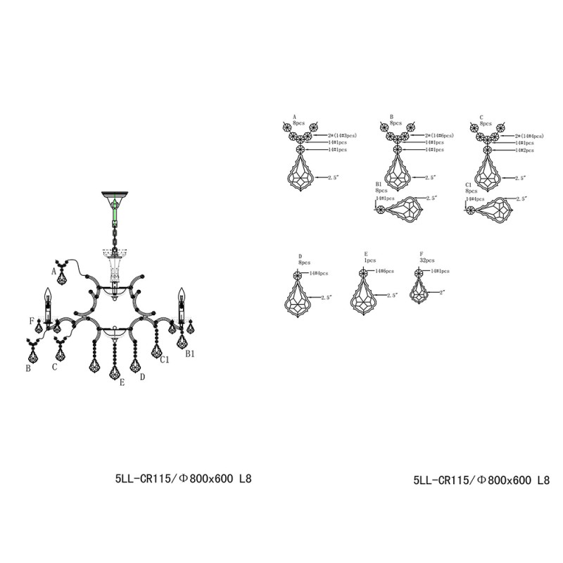 LumiLamp Lampadario Ø 80x60 cm Color argento Metallo Vetro