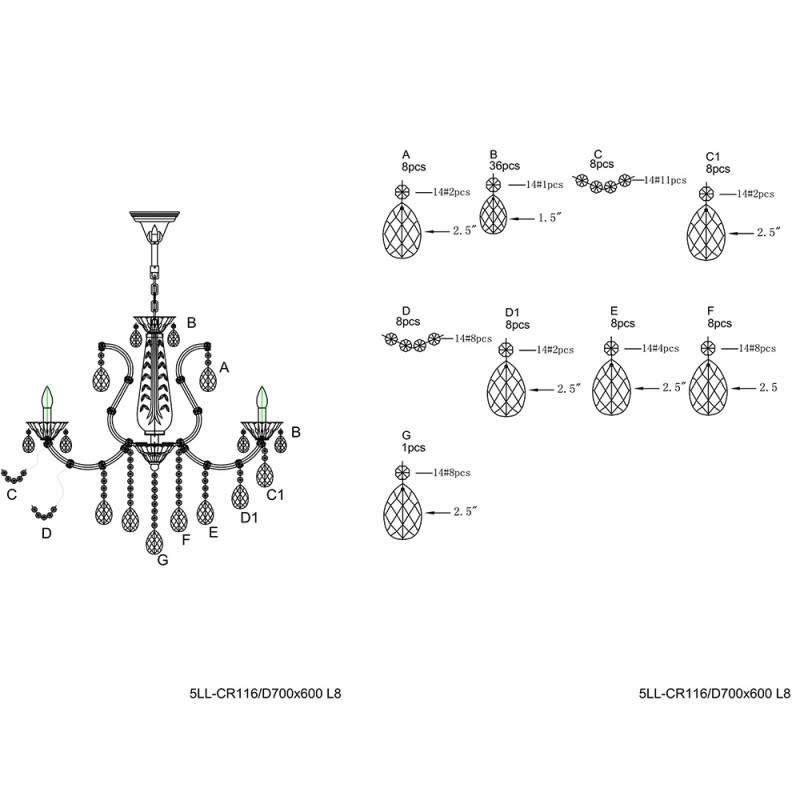 LumiLamp Chandelier Ø 70x60/185 cm Silver colored Iron Glass