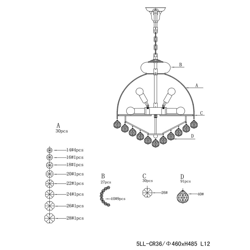 LumiLamp Lampadario Ø 48x55/180 cm  Trasparente Ferro Vetro