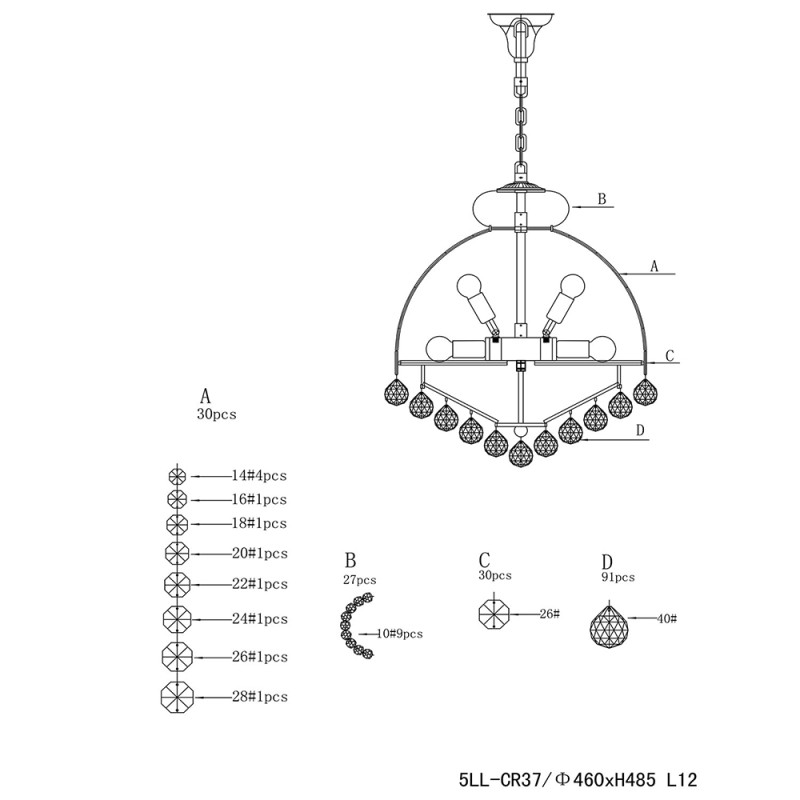 LumiLamp Chandelier Ø 48x55/180 cm  Gold colored Iron Glass