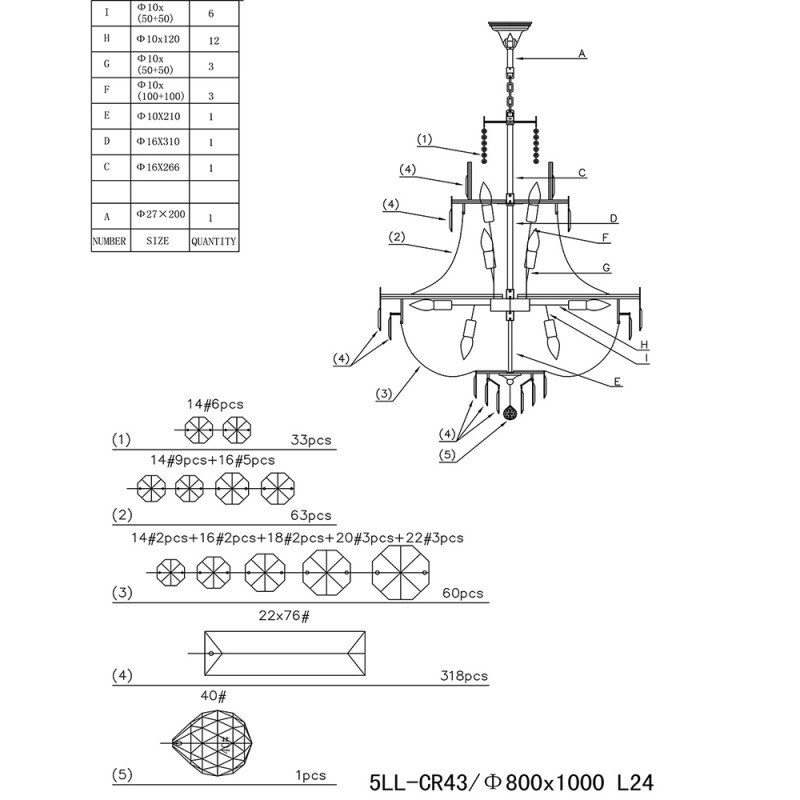 LumiLamp Chandelier Ø 80x105/220 cm  Transparent Iron Glass