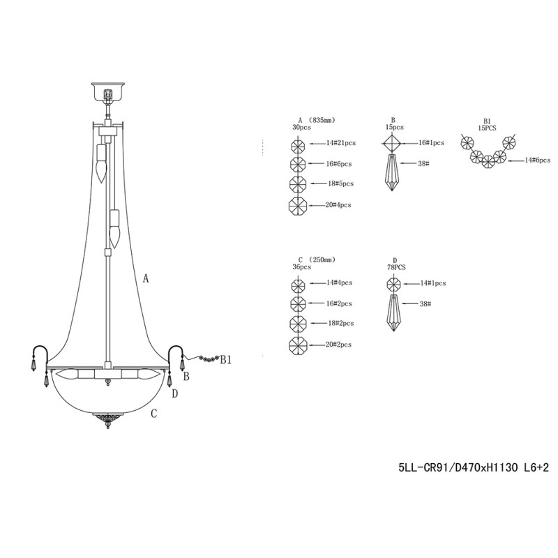 LumiLamp Chandelier Ø 50x113 cm  Silver colored Iron Glass