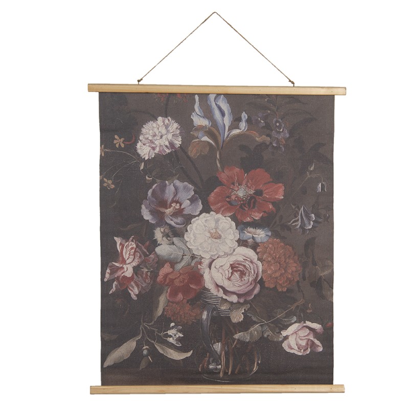 Clayre & Eef Tappeto da parete 80x100 cm Nero Rosa Legno Tessuto Rettangolo Fiori