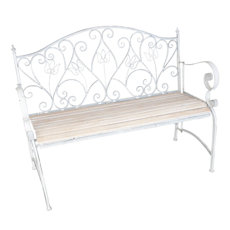 Clayre & Eef Garden Bench 110x50x90 cm White Iron Rectangle Flowers