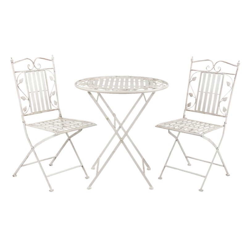 Clayre & Eef Bistro-Set Bistrotisch Bistrostuhl 3-Teilig Ø 70x77 cm Weiß Eisen Blätter