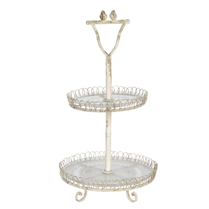 Clayre & Eef 2-Tiered Stand Ø 36x65 cm White Iron Glass Round