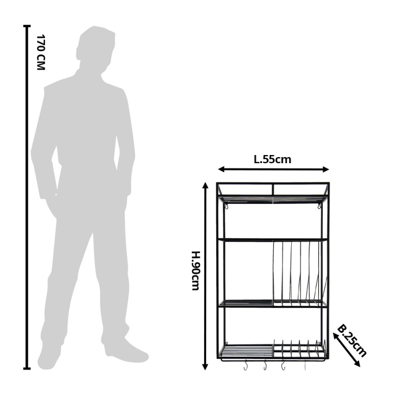 Clayre & Eef Égouttoir à vaisselle 55x25x90 cm Noir Fer