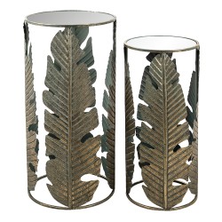 Clayre & Eef Side Table Set of 2 Copper colored Metal Glass Round Leaves