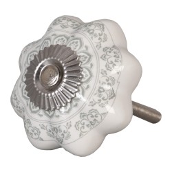 Clayre & Eef Poignée de porte Ø 4.5 cm Blanc Gris Céramique Fleurs