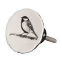 Clayre & Eef Door Knob Ø 4 cm White Black Ceramic Round Bird