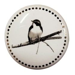 Clayre & Eef Poignée de porte Ø 4 cm Blanc Gris Céramique Rond Oiseau