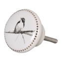 Clayre & Eef Poignée de porte Ø 4 cm Blanc Gris Céramique Rond Oiseau