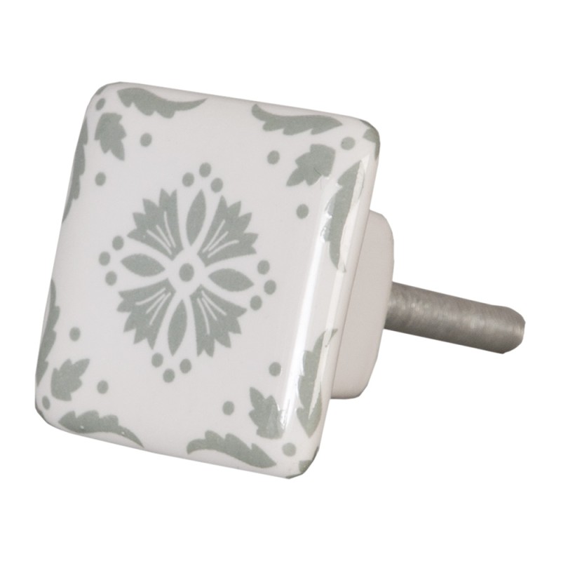 Clayre & Eef Door Knob 3 cm White Grey Ceramic Square