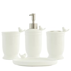 Clayre & Eef Badezimmer-Set 4er Set Vogel Weiß Keramik Vogel