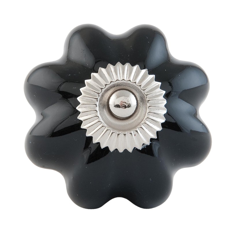 Clayre & Eef Poignée de porte Ø 4 cm Noir Couleur argent Céramique