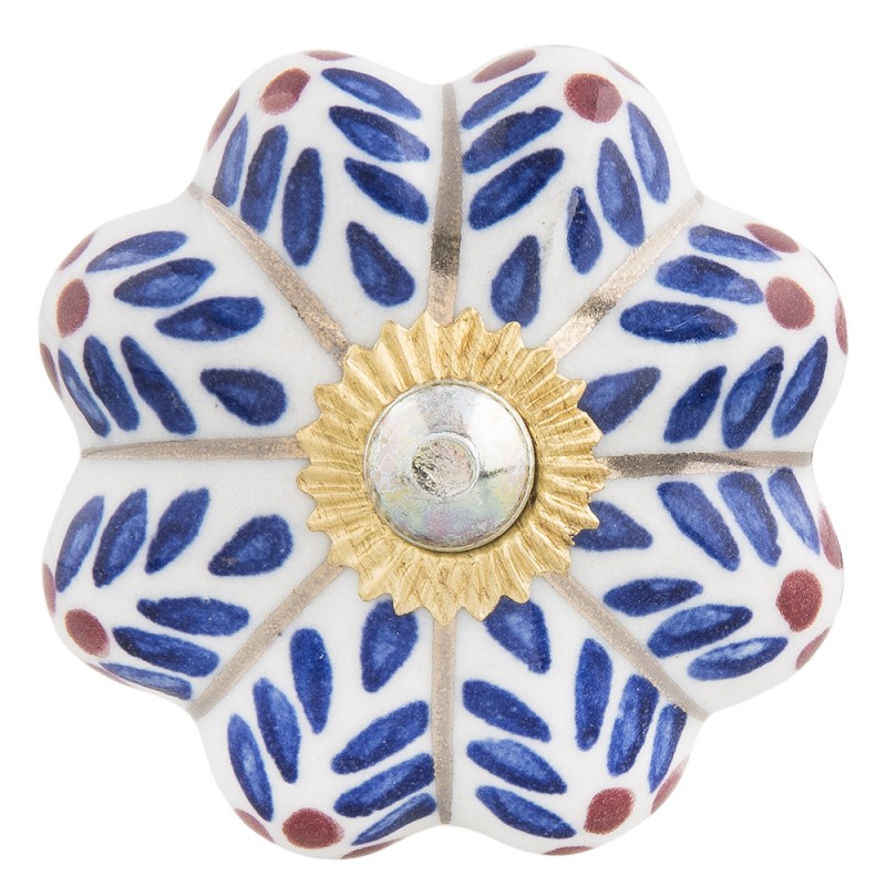 Clayre & Eef Door Knob Ø 4x3 cm Blue White Ceramic Leaves