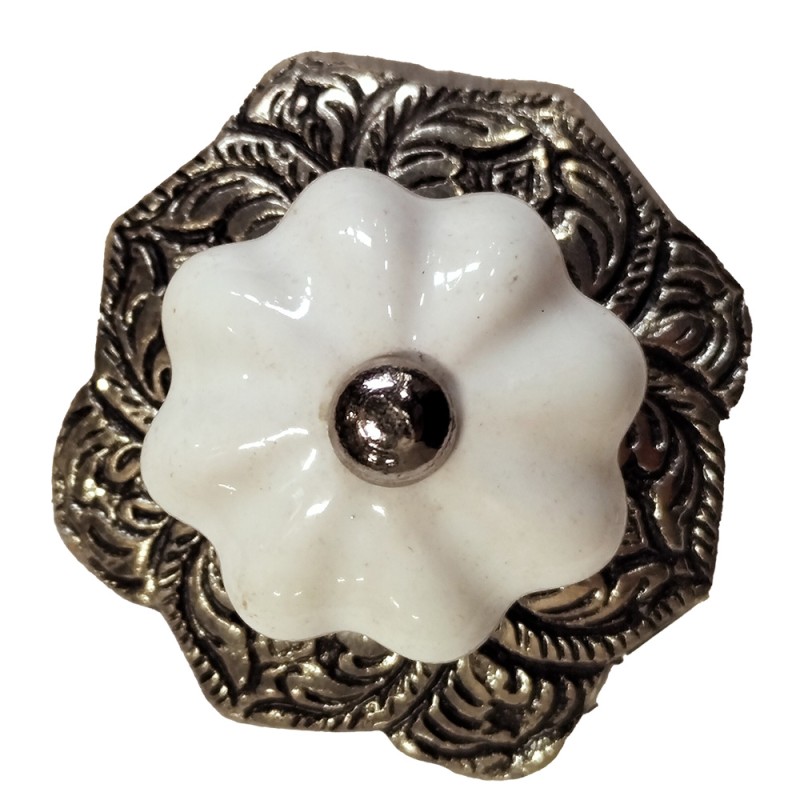 Clayre & Eef Door Knob Ø 5 cm White Aluminium Round Flowers