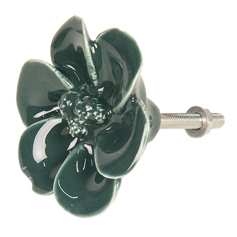 Clayre & Eef Door Knob Ø 4 cm Green Ceramic Flower