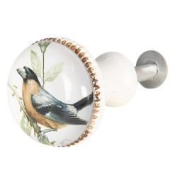 Clayre & Eef Poignée de porte Ø 3 cm Blanc Marron Céramique Rond Oiseau