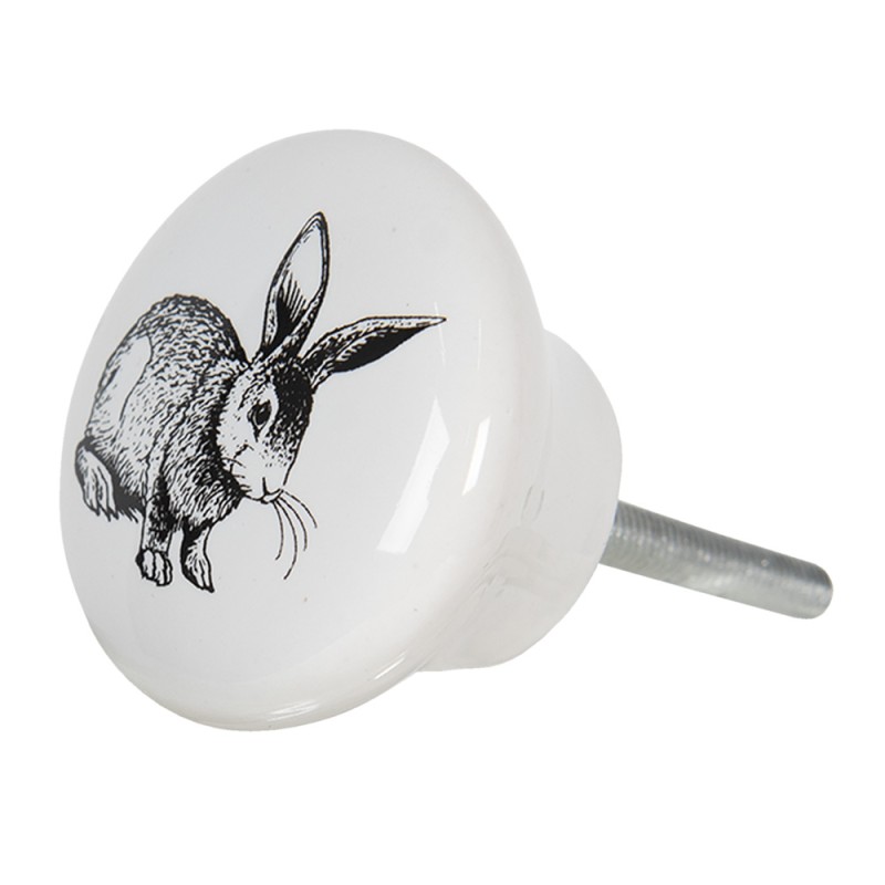 Clayre & Eef Poignée de porte Ø 4 cm Blanc Céramique Rond Lapin