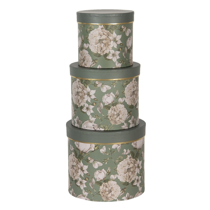 Clayre & Eef Boîte à chapeaux set de 3 Ø 20x17 / Ø 17x15 / Ø 14x13 cm Vert Carton Fleurs