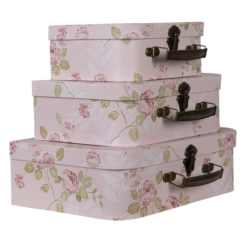 Clayre & Eef Dekoration Koffer 3er Set 30x21x9/25x18x9/20x16x8 cm Rosa Karton Rechteck Blumen