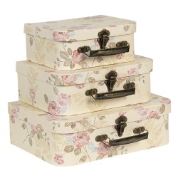 Clayre & Eef Decoratie koffer Set van 3  30x21x9/25x18x9/20x16x8 cm Beige Karton Rechthoek Bloemen