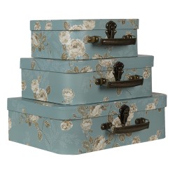 Clayre & Eef Dekoration Koffer 3er Set 30x21x9/25x18x9/20x16x8 cm Grün Karton Rechteck Blumen