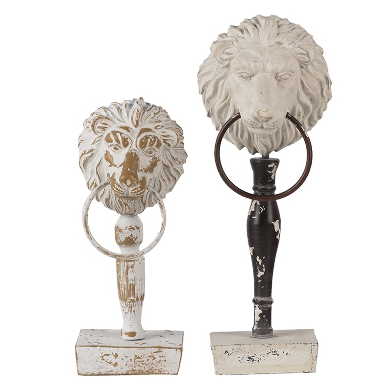 Clayre & Eef Figurine décorative set de 2 Lion Blanc Noir Bois Fer