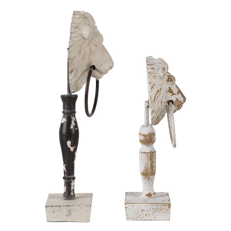 Clayre & Eef Figurine décorative set de 2 Lion Blanc Noir Bois Fer