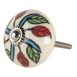 Clayre & Eef Door Knob 4x6 cm White Red Ceramic Round Leaves