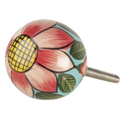 Clayre & Eef Door Knob 3x7 cm Red Pink Wood Round Flower