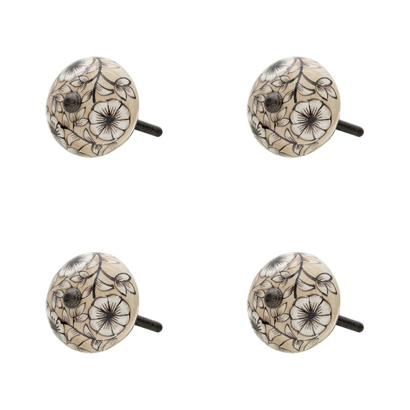 Clayre & Eef Door Knob Set of 4 Ø 4 cm Beige Ceramic Round Flowers