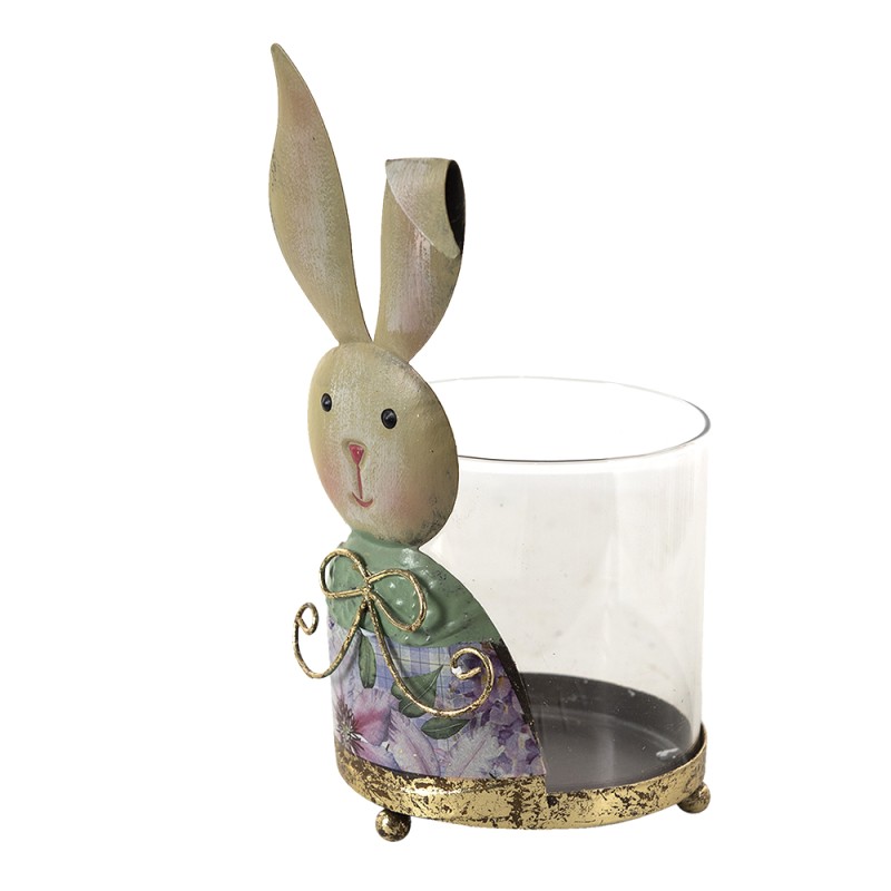 Clayre & Eef Lanterne Lapin 11x10x22 cm Beige Vert Métal Verre