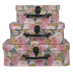 Clayre & Eef Dekoration Koffer 3er Set 30x22x10 cm Rosa Grün Karton Blumen