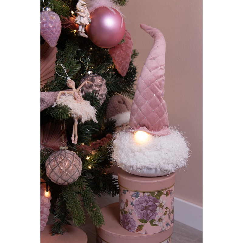 Clayre & Eef Weihnachtsdekoration mit LED-Beleuchtung Zwerg 44 cm Rosa Stoff