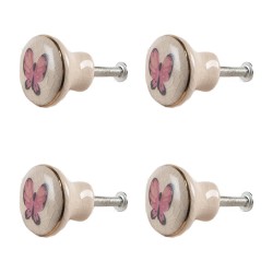 Clayre & Eef Poignée de porte set de 4 Ø 3 cm Rose Beige Céramique Papillon