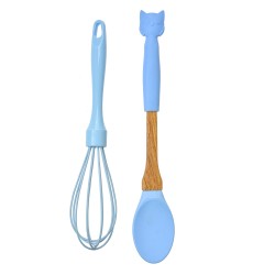 Clayre & Eef Ensemble d'ustensiles de cuisine de 2 Chouette 29x5 / 26x6 cm Bleu Silicone