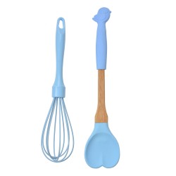 Clayre & Eef Ensemble d'ustensiles de cuisine de 2 Oiseau 29x6 / 26x6 cm Bleu Silicone En forme de coeur