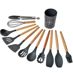 Clayre & Eef Set de 12 ustensiles de cuisine avec organisateur Ø 8x32 cm Gris Silicone