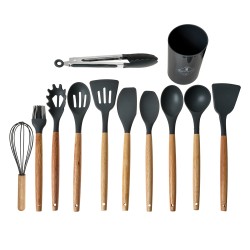 Clayre & Eef Set di utensili da cucina da 12 pezzi con organizzatore Ø 8x32 cm Grigio Silicone